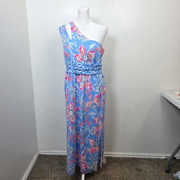 chinese dress ladies 1970s Malia Honolulu Purple Blue Green Hawaiian Floral Print Wrap Arou